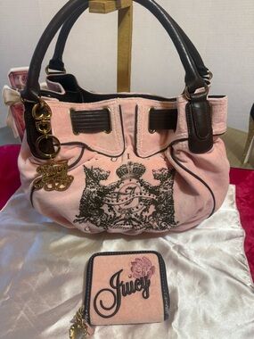 Y2k Juicy Couture Pink Suede Satchel with Brown Trim and Gold Hardware